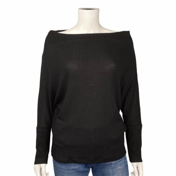 Umgee Black Waffle Knit Off Shoulder Long Sleeve Batwing Boho Top Size S - Picture 2 of 7